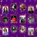 Photo: A collage with a purple floral background and 18 different pictures of various women