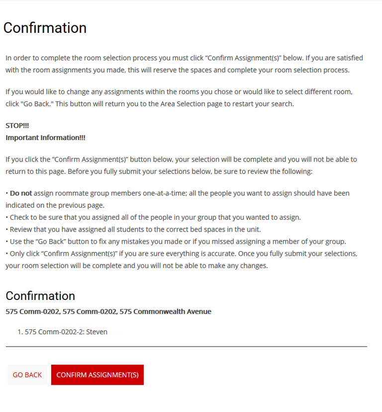 Internal Room Selection Boston University Housing