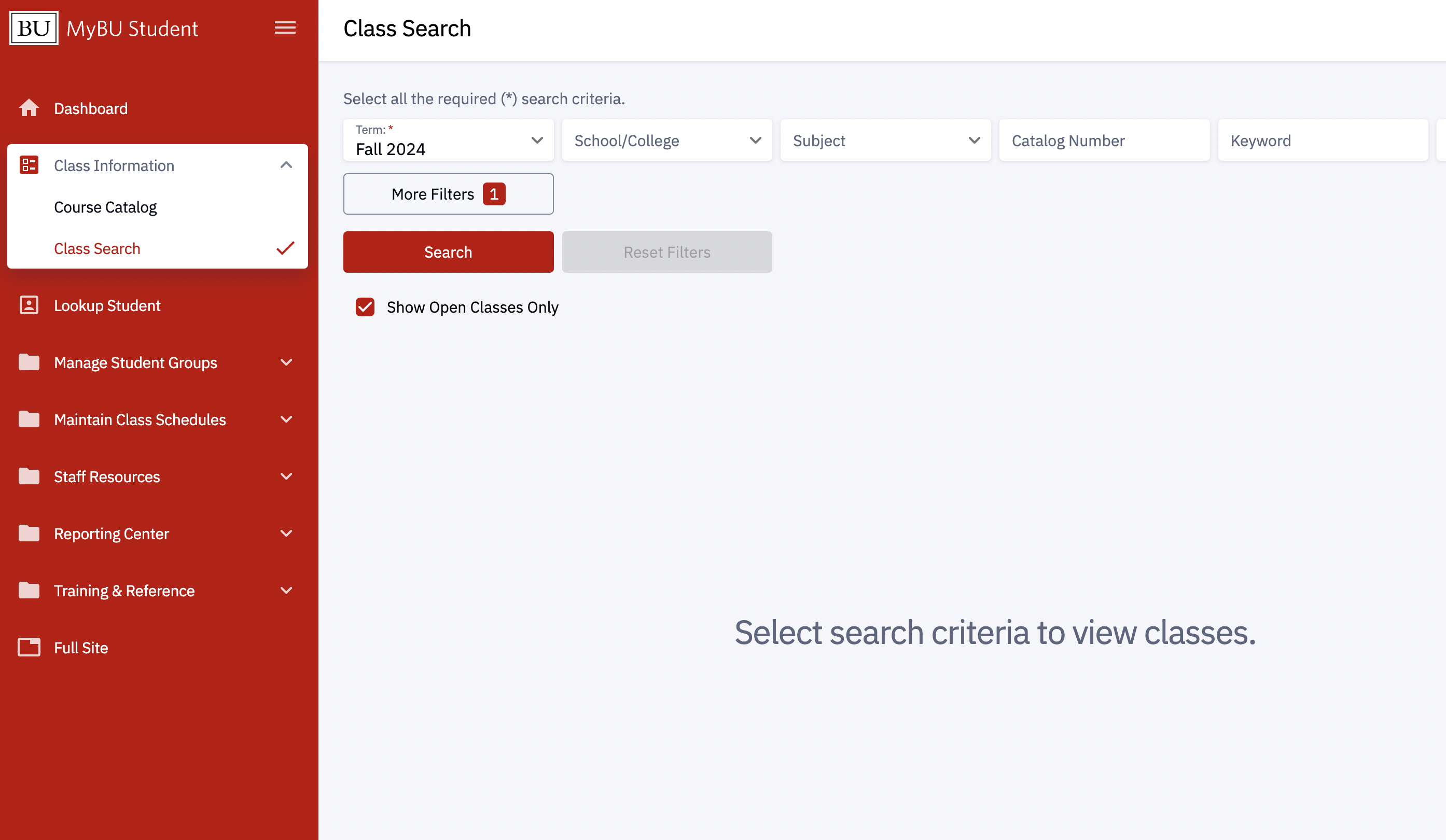 MyBU Student Class Search