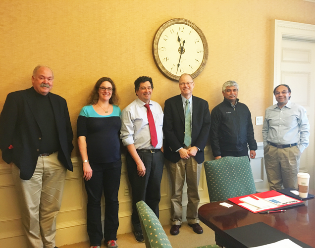 BU Professors David Bishop, Mike Gevelber, Emily Ryan, Srikanth Gopalan, and Uday Pal meet with ARPA-E Deputy Director Eric Rohlfing (center of photo) March 15th in the BU Trustees Lounge.