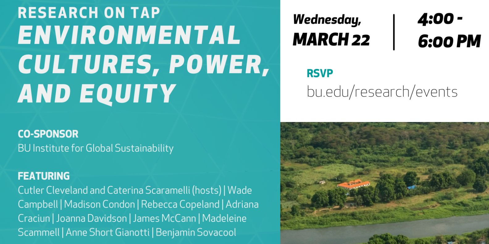 Event graphic with title, date, time, speakers, co-sponsor, and RSVP details