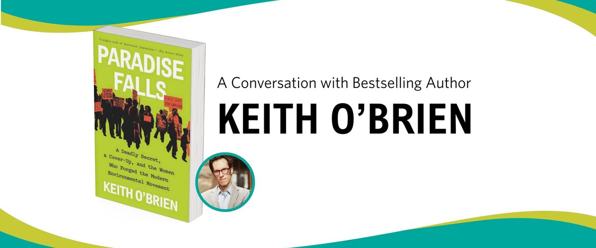 A green book titled "Paradise Falls" by Keith O'Brien is shown alongside the author's headshot