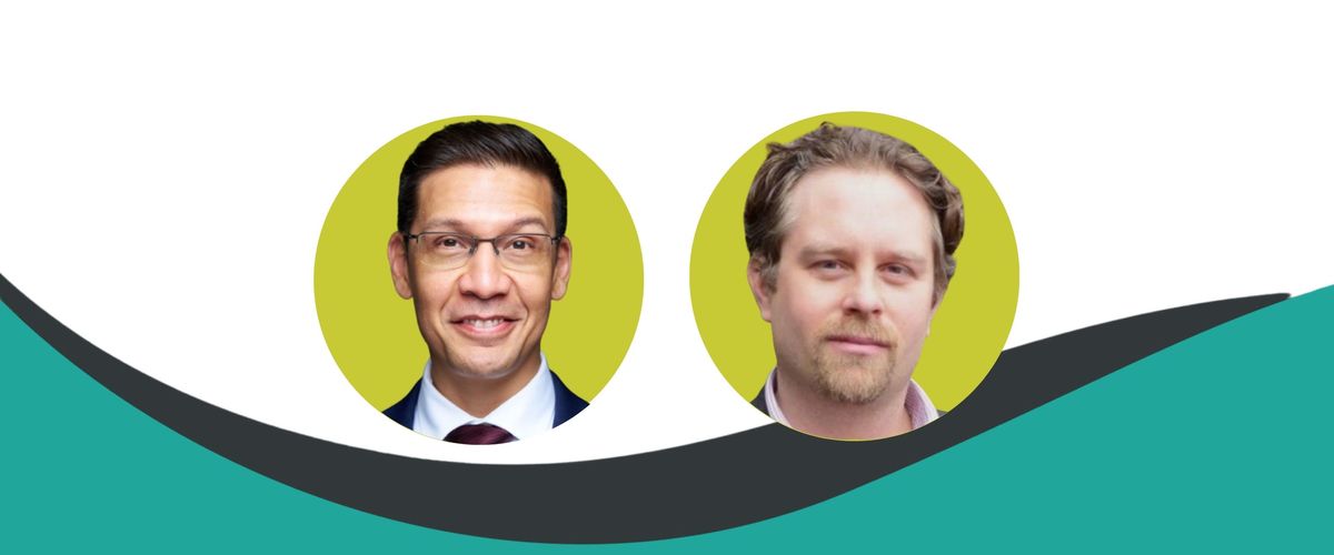 Headshots of two IGS Visiting Researchers on a teal wave background