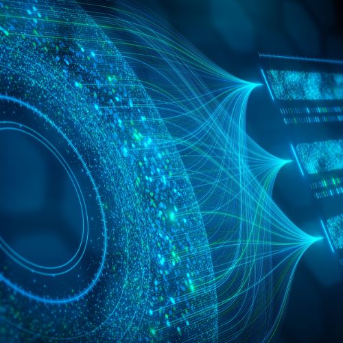 Neon blue conceptual illustration of data networks on a navy background.