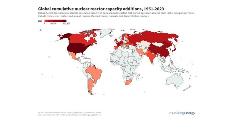 Global cumulative nuclear reactor capacity additions, 1951-2023