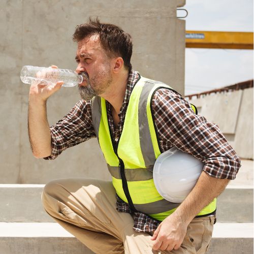 Construction worker hydrates while working outdoors.