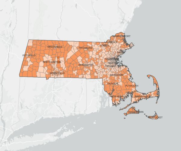 Map of Massachusetts with data imposed on it.
