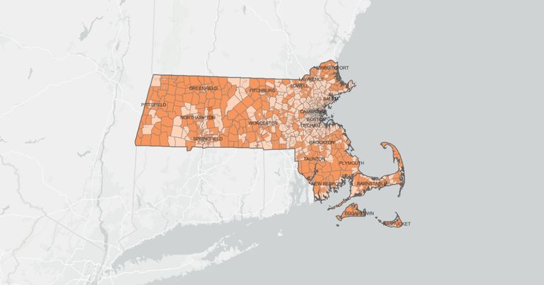 Map of Massachusetts with data imposed on it.