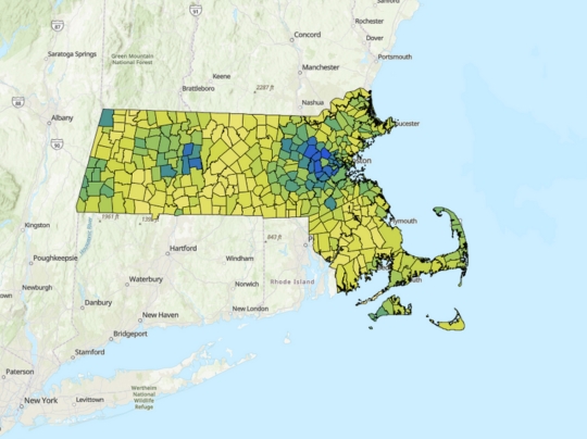 Outline of Massachusetts overlayed with data.