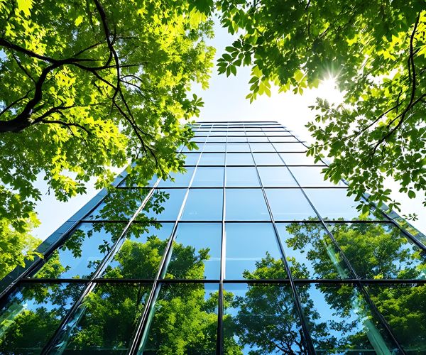 Glass skyscraper building with trees in front.