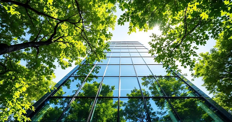 Glass skyscraper building with trees in front.