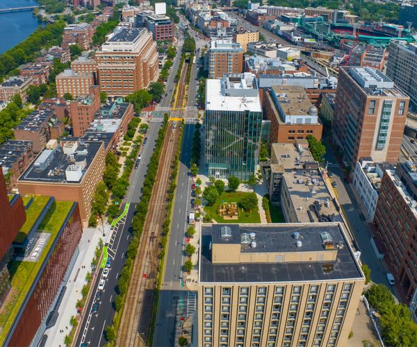 Aerial view of BU campus looking down Commonwealth Avenue.