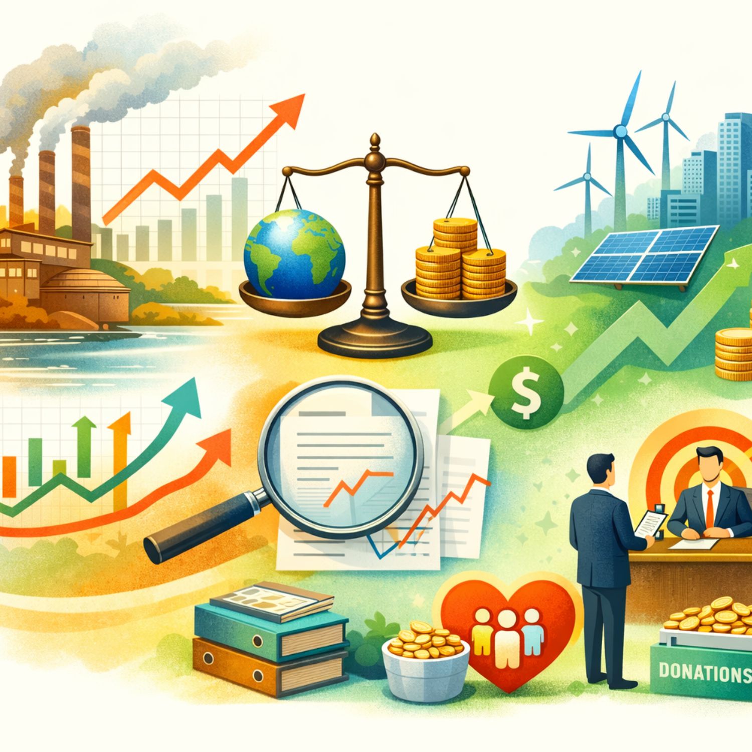 An illustrated graphic depicting financial growth graphs across energy industries and a scale weighing profits and the Earth.
