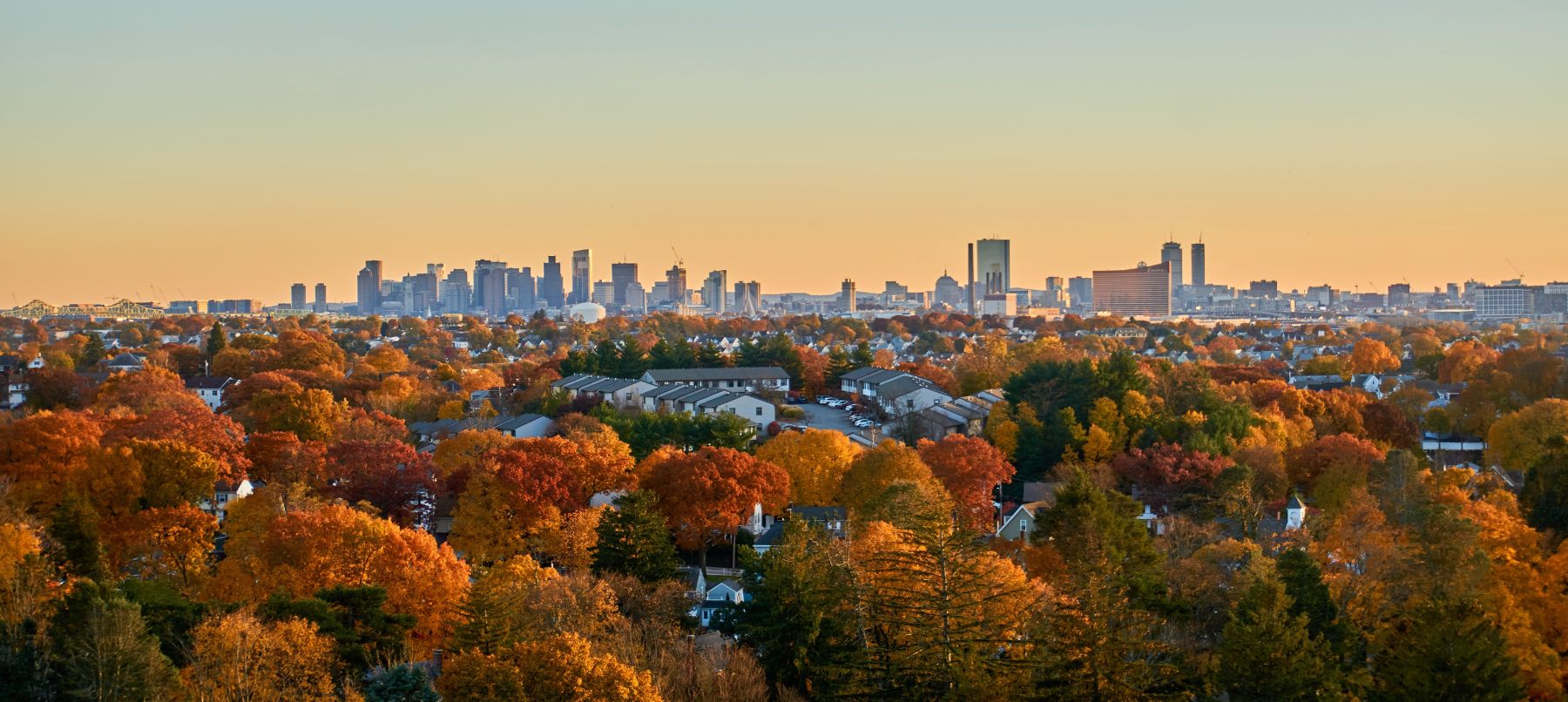 Small Boston skyline from a far distance with autumn foliage in the foreground.