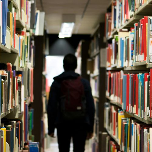 Student walking in library.