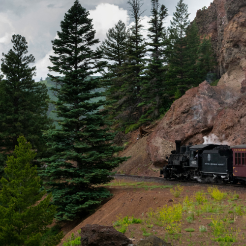 Train passing by mountains and trees.