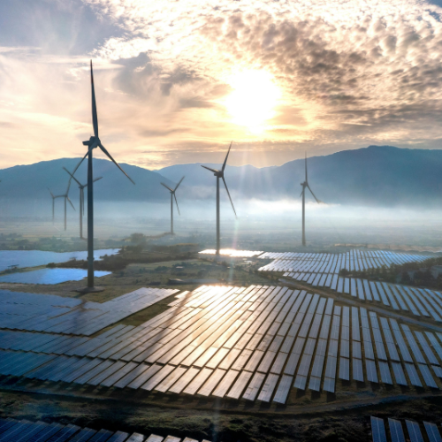 Wind turbines and solar panels.
