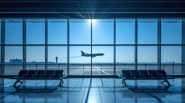 image of a plane taking off through the window at an airport