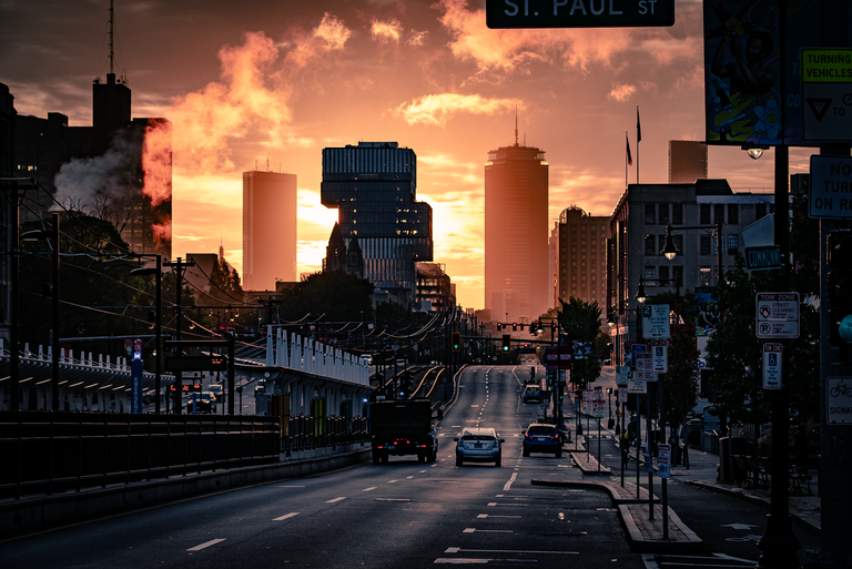 View facing west down come ave at St. Paul street at sunset
