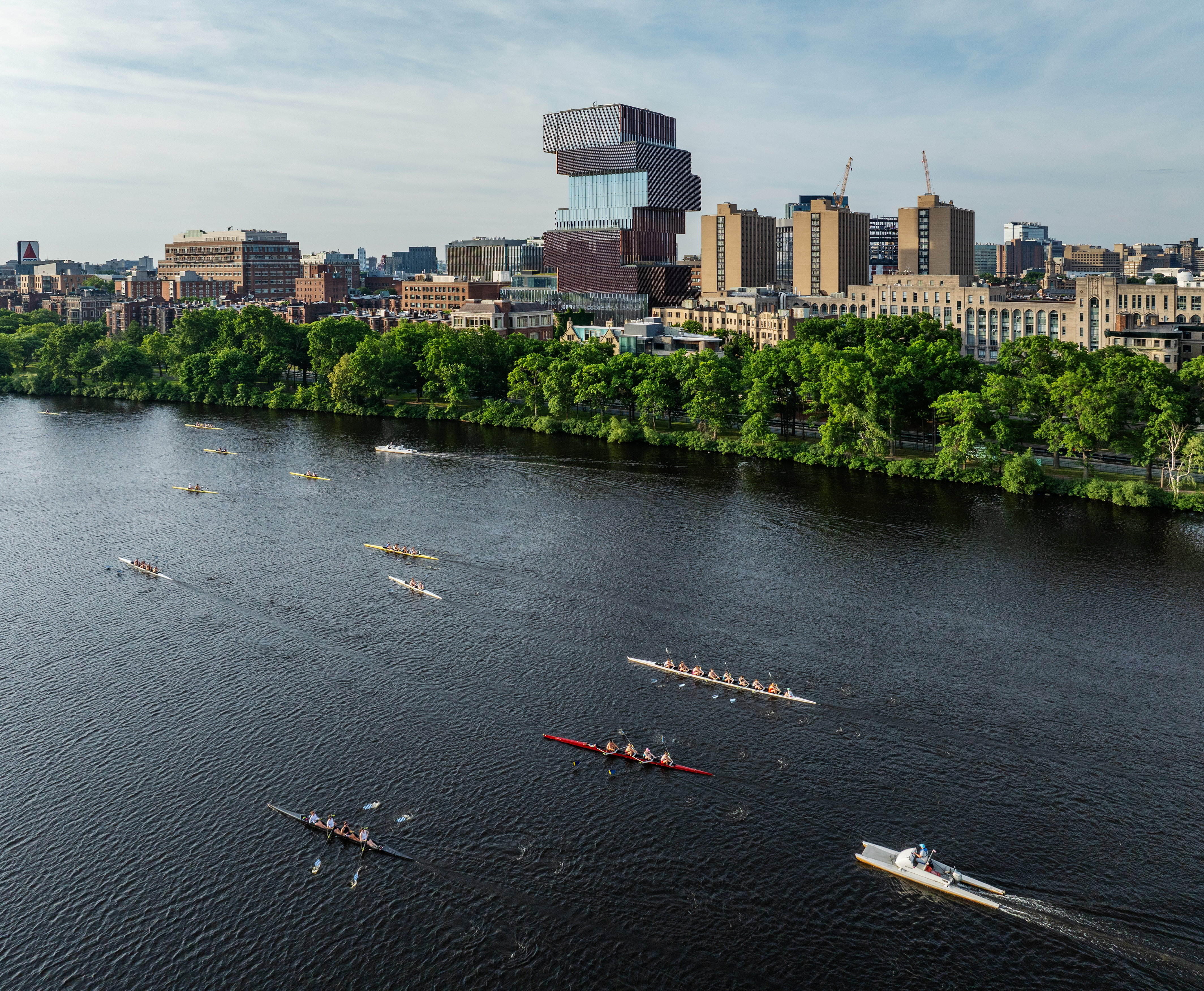 Aireal shot of BU campus and river with boats