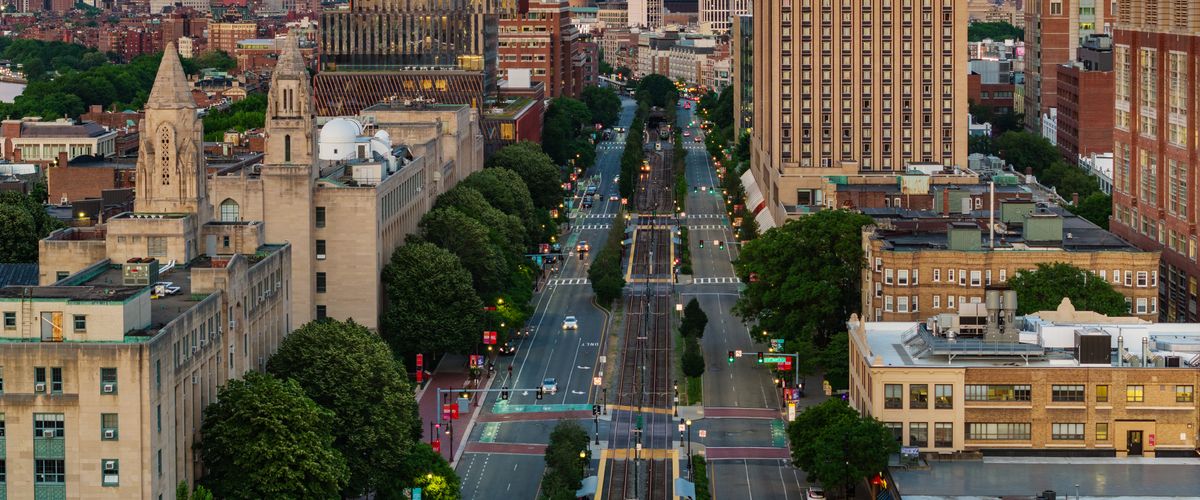 aireal view of Boston University campus down com ave facing east