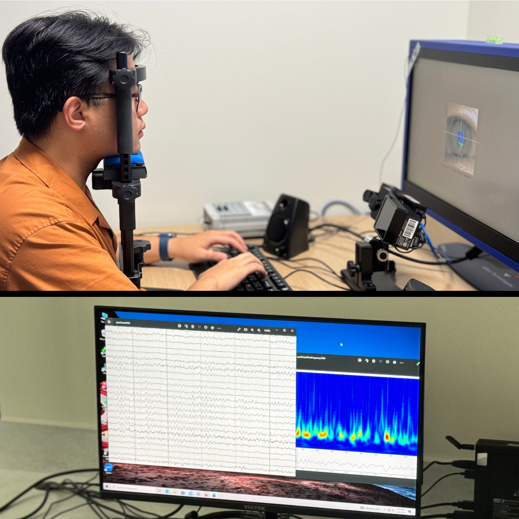 Top photo is aperson with his head braced in a device while looking at a computer screen; bottom photo is data visualized on computer screen