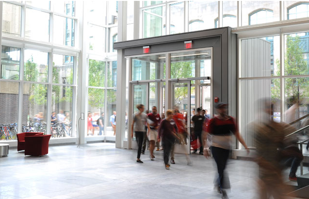 The glass-enclosed Butler Atrium serves as the new entrance to the School of Law.