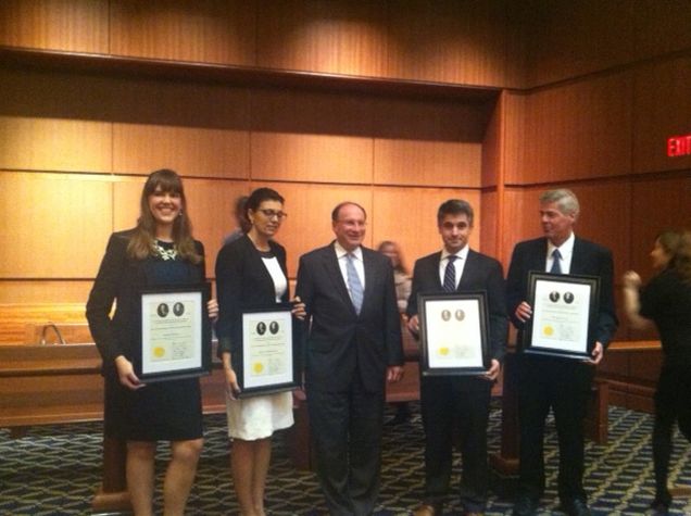 Adams Award 2014 recipients: Elizabeth McIntyre ('14); Valquiria Castiglione Ribeiro; Chief Justice Gants; Seth Orkand; Hon. Patrick Fox (ret.)
