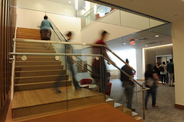 8/29/14 - Boston, Massachusetts Students inside of the new LAW Redstone building. Photo by Tim Llewellyn for Boston University Photography.