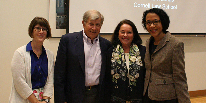 Professor Chantal Thomas with Dean O'Rourke and the Klehs