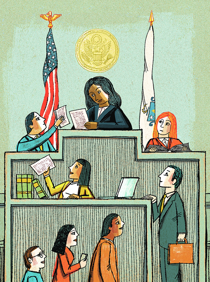 Illustration of a judge with clerks