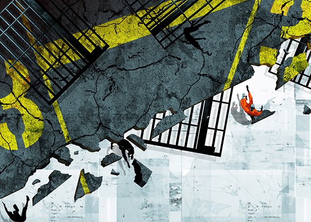 Illustration of a crumbling structure with figures falling