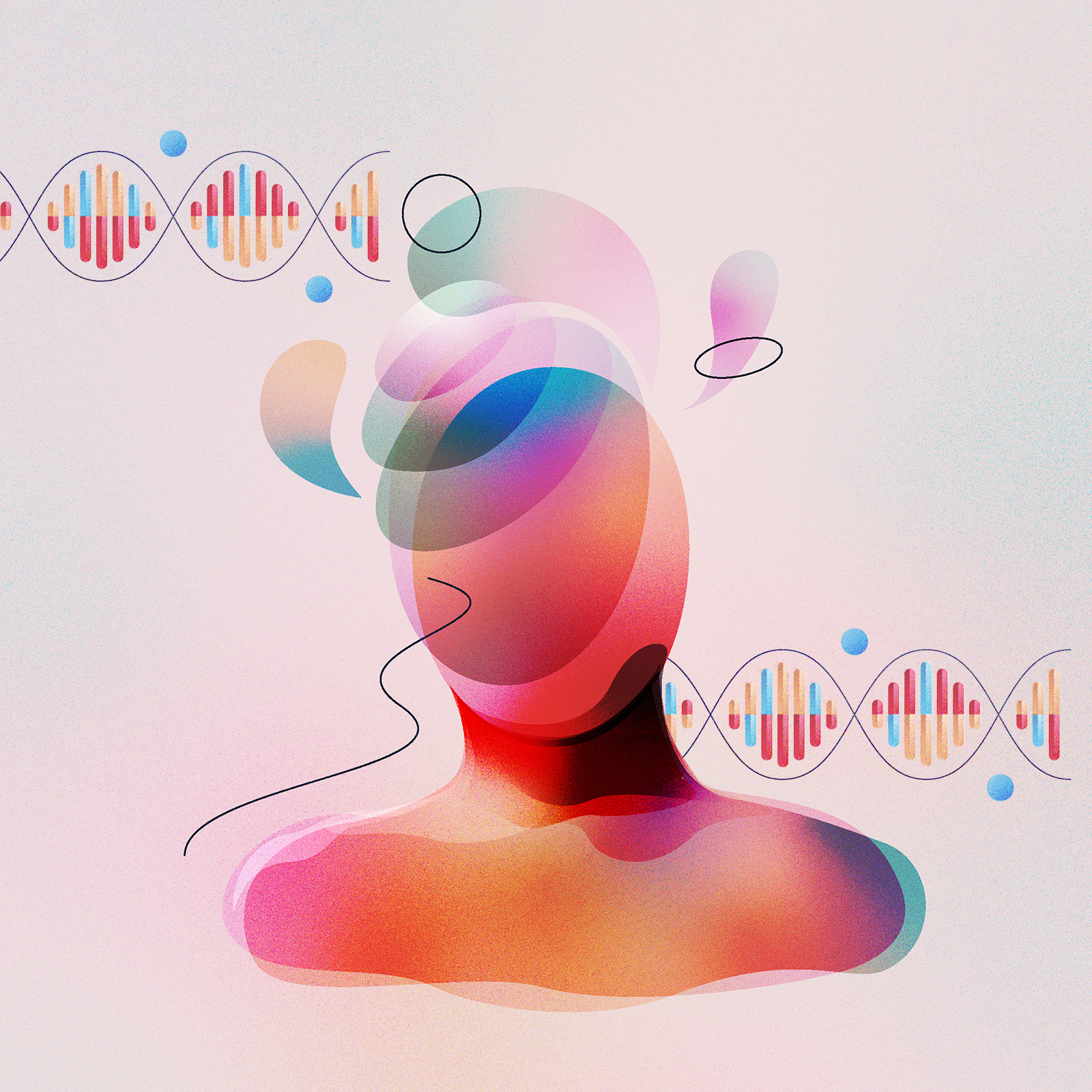 Digital illustration of surrealistic faceless human with spiritual thoughts.
