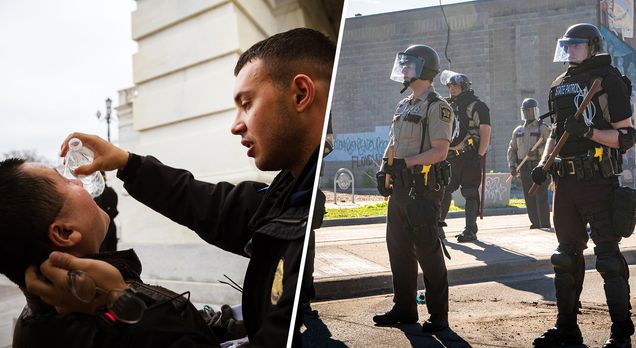 At left, a Capitol police officer helps an insurrectionist on January 6, 2021. At right, police in tactical gear respond to peaceful protests against the murder of George Floyd.