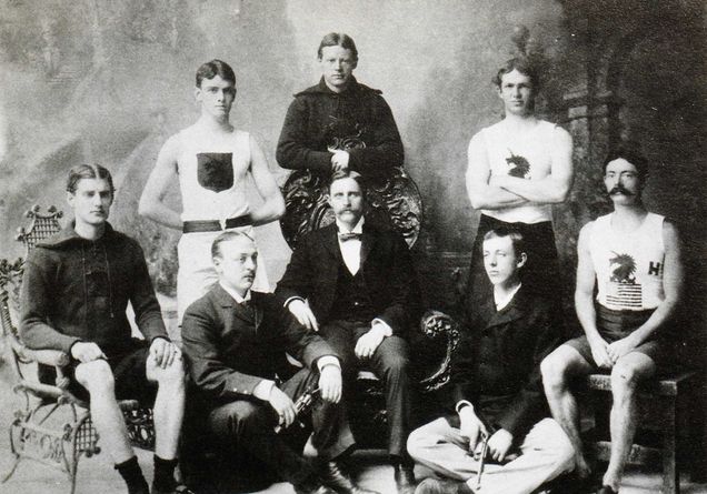 Members of the Boston Athletic Association Olympic Team, Athens, Greece, 1896. Thomas Burke is second from the left in the back.