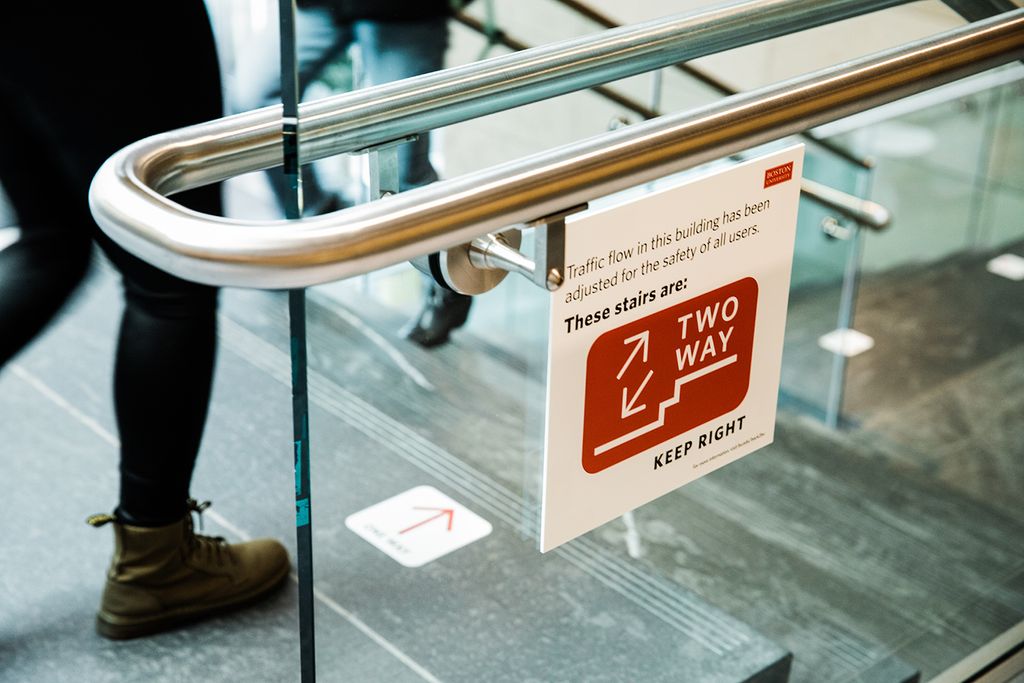 Stairs throughout the BU Law complex were labeled to maintain social distancing guidelines