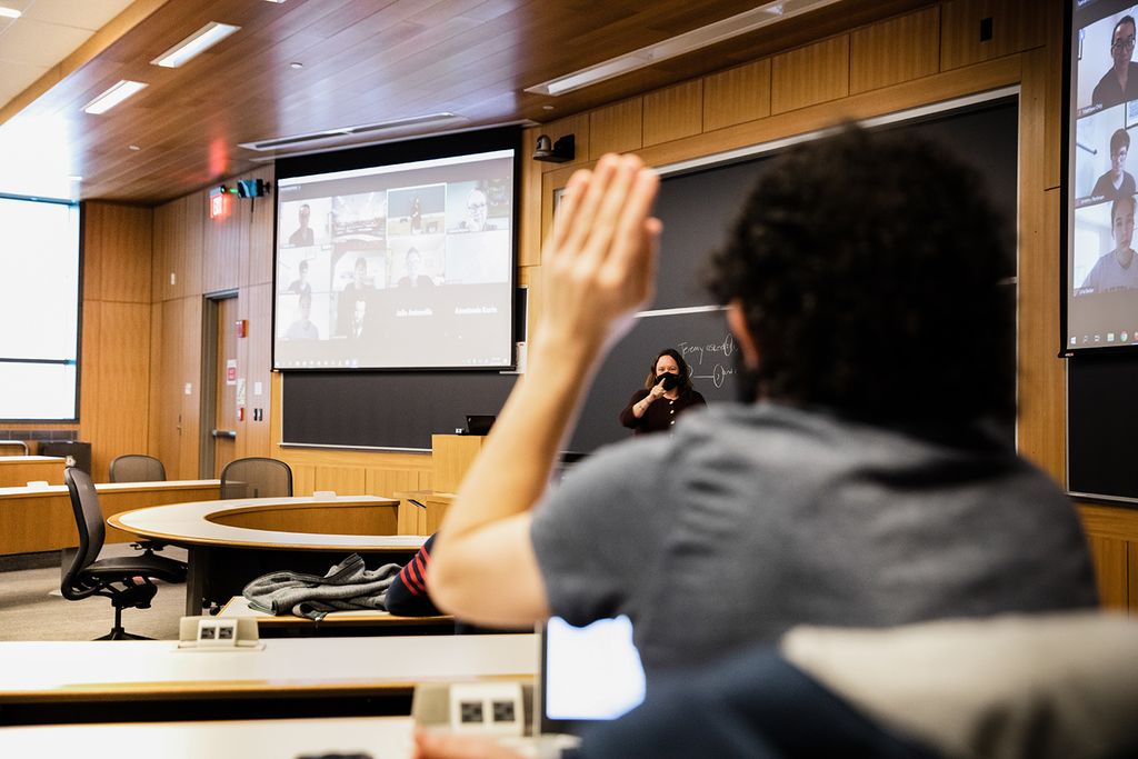 A student in class wearing a mask