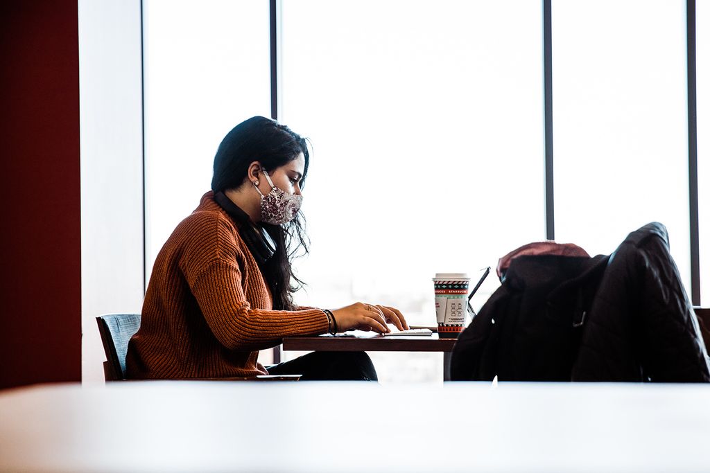 A student studying in the Charles River Room