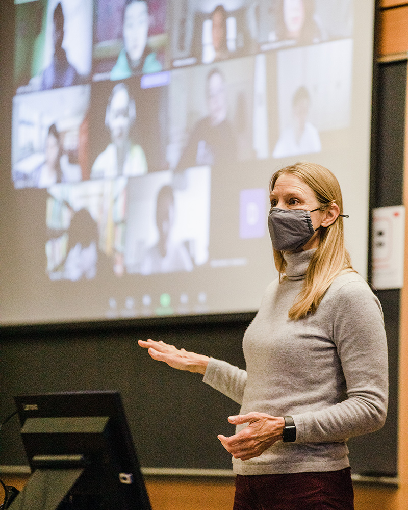 Professor Kathy Zeiler teaching a hybrid class