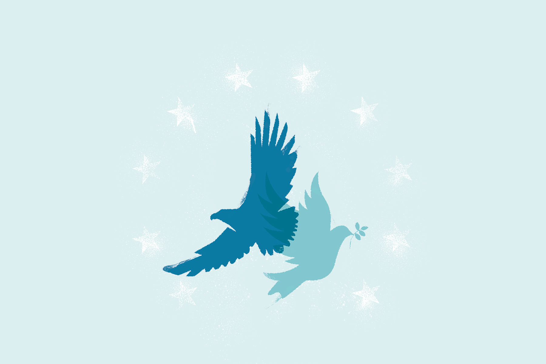 An illustration of a teal dove and a navy eagle against a light blue background with a ring of white stars around them