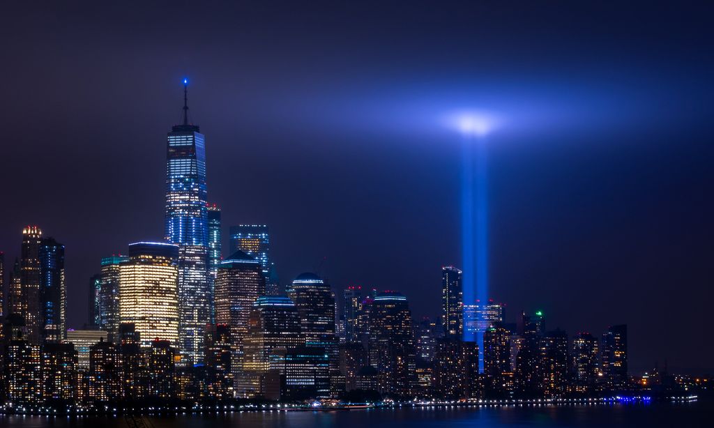 Two lights shine into the sky where the World Trade Center towers used to stand