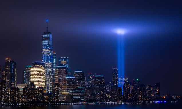 Two lights shine into the sky where the twin towers of the World Trade Center in New York City stood before 9/11