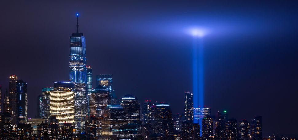Two lights shine into the sky where the twin towers of the World Trade Center in New York City stood before 9/11