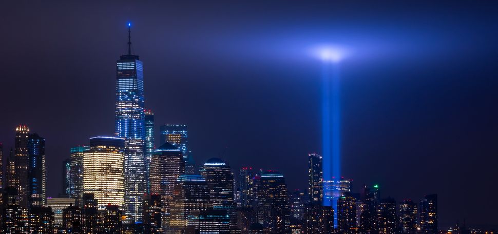 Two lights shine into the sky where the twin towers of the World Trade Center in New York City stood before 9/11
