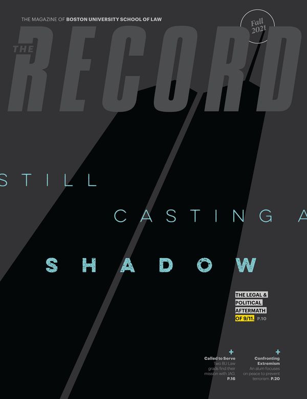 The shadows of the World Trade Center towers with a text overlay reading "Still Casting a Shadow"