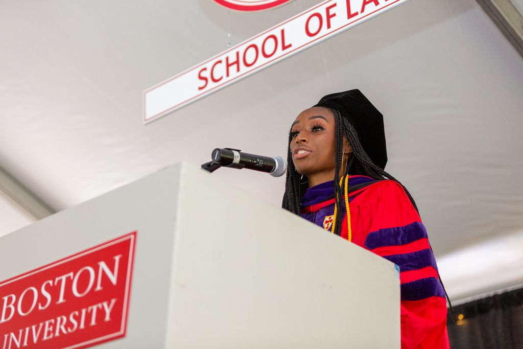 BU Law Commencement 2020 valedictorian speaker at the podium. 