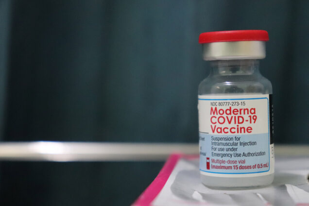 A bottle of the Moderna COVID-19 vaccine