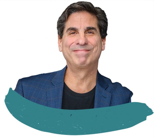 Headshot of Jay Fialkov with dark teal paint stroke beneath the photo