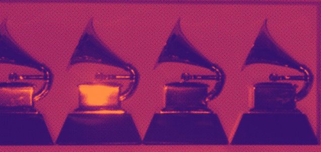 Fuschia image of several Grammy trophies