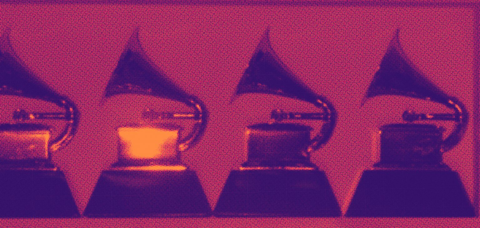 Fuschia image of several Grammy trophies